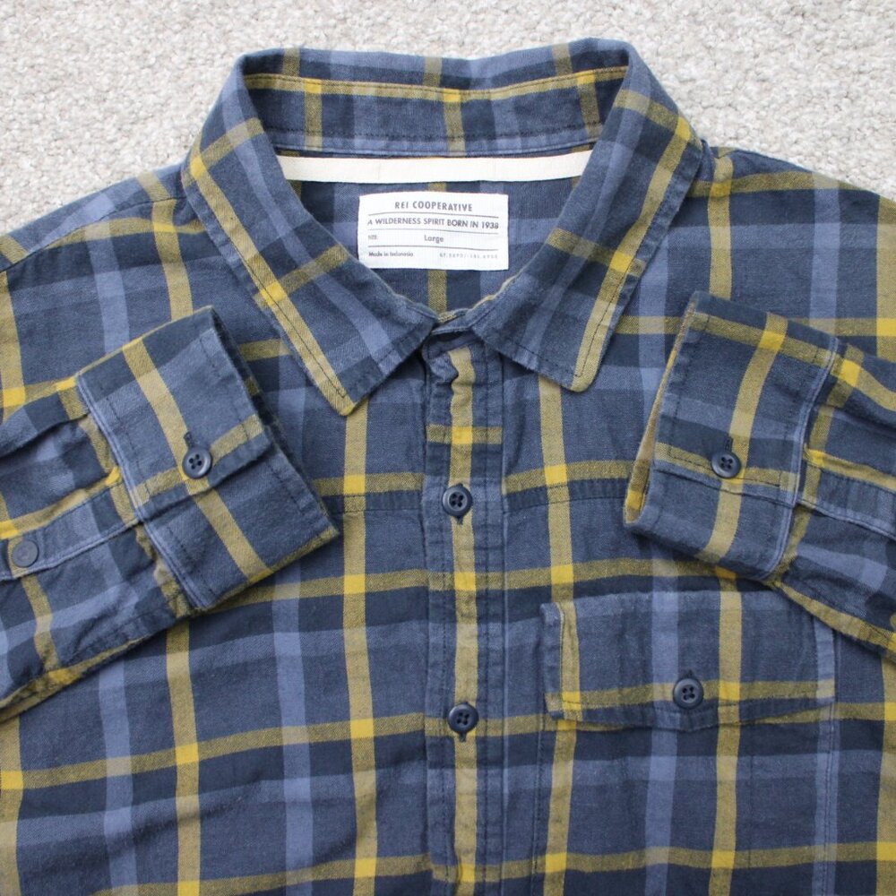 REI‎ Co-op Shirt Mens Large Blue/Yellow Plaid Flannel Cotton Long Sleeve Button
